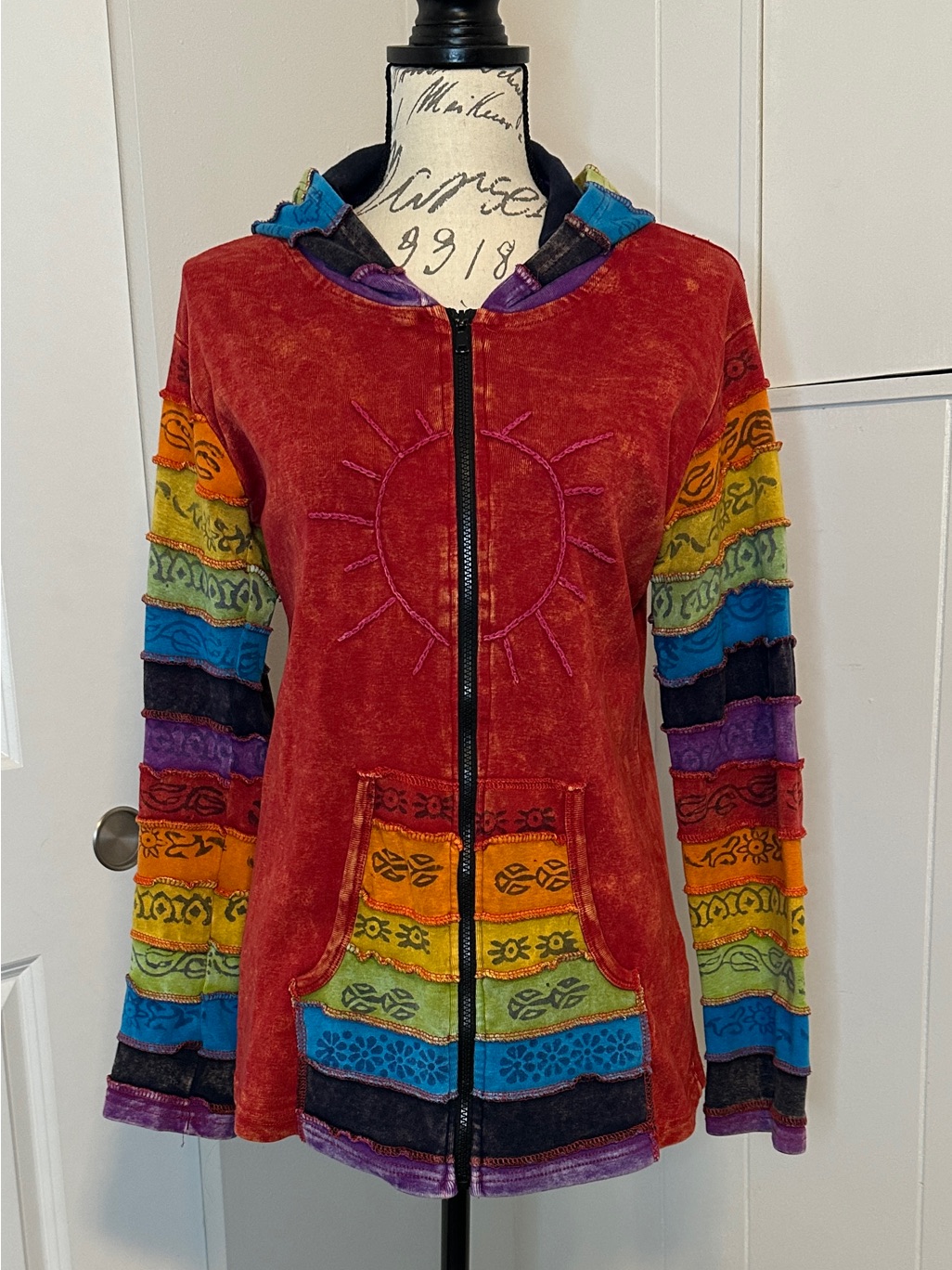 Greater Good Rainbow Patchwork Zip Hoodie Boho Sun Nepal Size L/Xl
